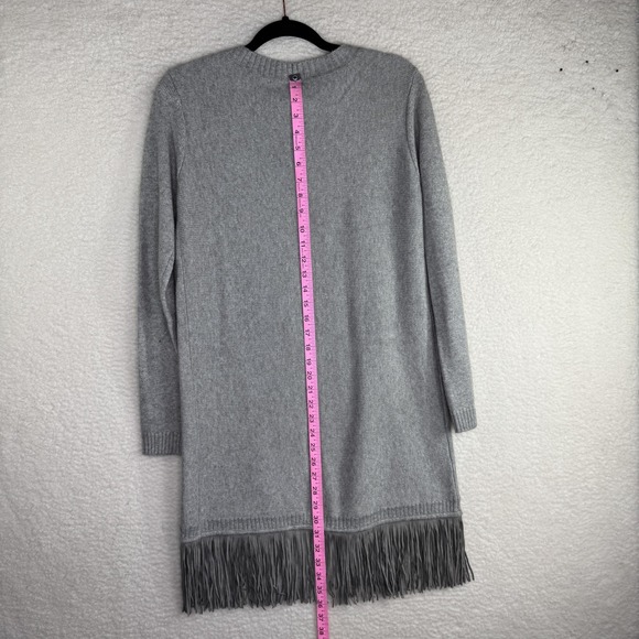 Tahari Sweater Womens Medium Gray Fringe Hem Open Front‎ Long Cardigan Duster - Picture 8 of 10